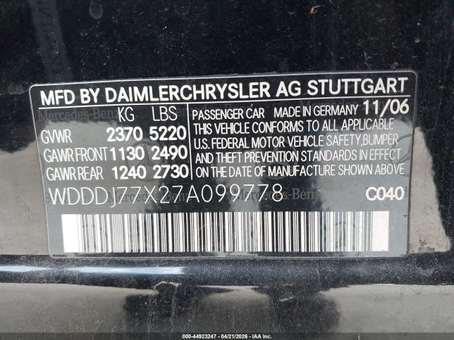 44923247 :رقم المزاد ، WDDDJ77X27A099778 vin ، 2007 Mercedes-benz Cls 63 Amg مزاد بيع