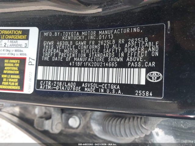 2013 Toyota Camry Xle მანქანა იყიდება აუქციონზე, vin: 4T1BF1FK2DU214665, აუქციონის ნომერი: 44923263