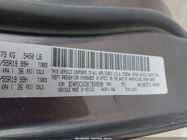 2019 Dodge Journey Crossroad მანქანა იყიდება აუქციონზე, vin: 3C4PDCGG9KT859598, აუქციონის ნომერი: 44923265