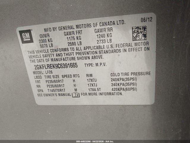 2012 Gmc Terrain Sle-1 მანქანა იყიდება აუქციონზე, vin: 2GKFLREK9C6391665, აუქციონის ნომერი: 44923266