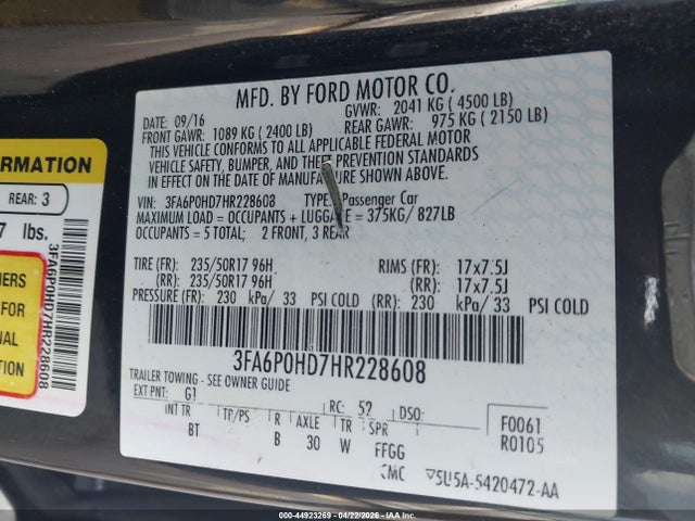 Aukcja sprzedaży 2017 Ford Fusion Se, vin: 3FA6P0HD7HR228608, numer aukcji: 44923269