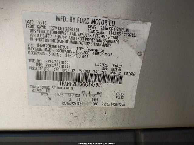 2016 Ford Taurus Sel მანქანა იყიდება აუქციონზე, vin: 1FAHP2E83GG147901, აუქციონის ნომერი: 44923278
