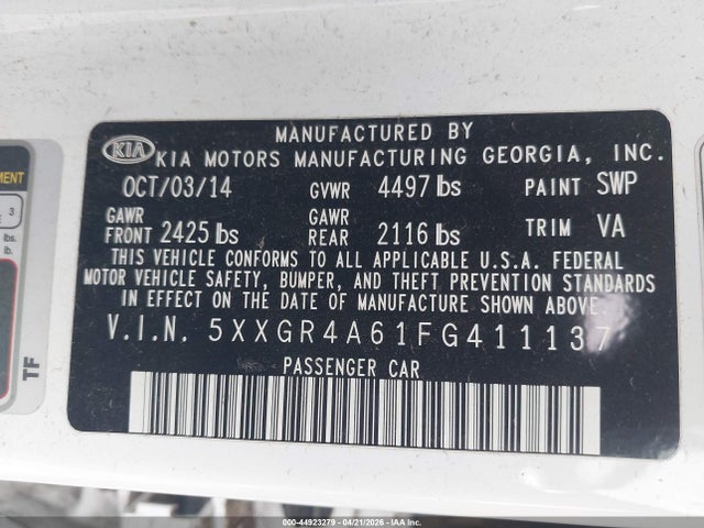 5XXGR4A61FG411137 KIA Optima Sxl Turbo