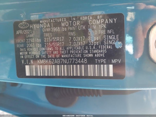 2022 Hyundai Kona Sel მანქანა იყიდება აუქციონზე, vin: KM8K62AB7NU773448, აუქციონის ნომერი: 44923289