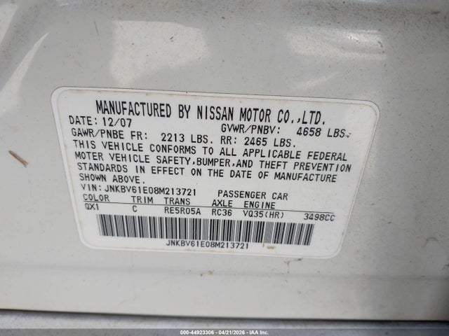 Aukcja sprzedaży 2008 Infiniti G35 Journey, vin: JNKBV61E08M213721, numer aukcji: 44923306