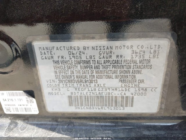 2024 Nissan Versa 1.6 S მანქანა იყიდება აუქციონზე, vin: 3N1CN8DV6RL913013, აუქციონის ნომერი: 44923318