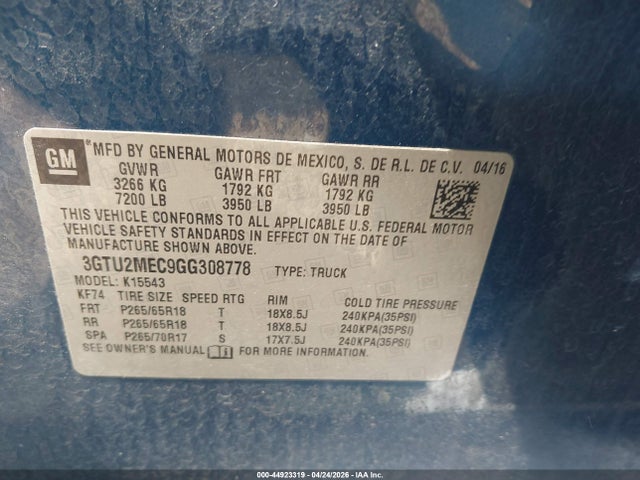 2016 Gmc Sierra 1500 Sle მანქანა იყიდება აუქციონზე, vin: 3GTU2MEC9GG308778, აუქციონის ნომერი: 44923319
