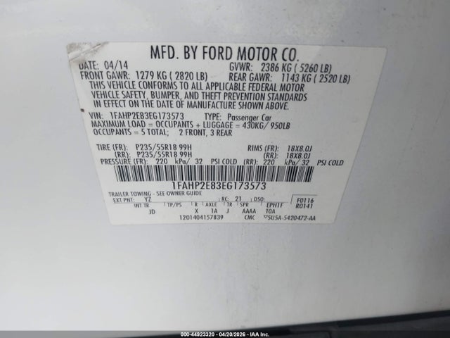 2014 Ford Taurus Sel მანქანა იყიდება აუქციონზე, vin: 1FAHP2E83EG173573, აუქციონის ნომერი: 44923320