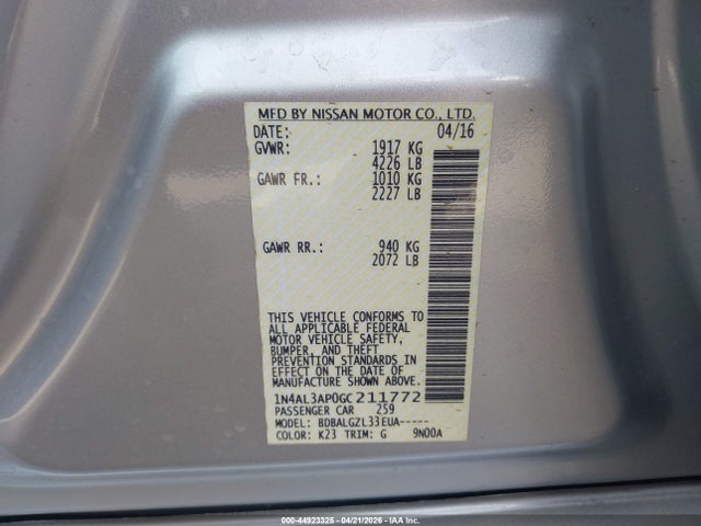 1N4AL3AP0GC211772 Nissan Altima 2.5/2.5 S/2.5 Sl/2.5 Sr/2.5 Sv