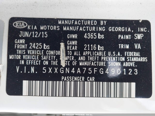 Продаж на аукціоні авто 2015 Kia Optima Ex, vin: 5XXGN4A75FG490123, номер лоту: 44923326