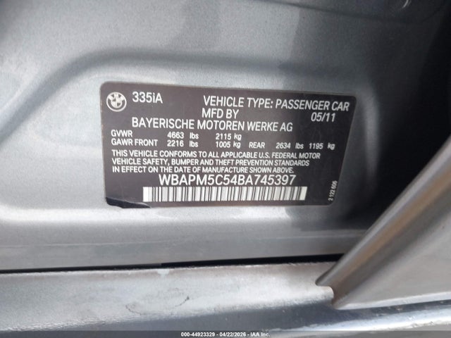 Продаж на аукціоні авто 2011 Bmw 335i, vin: WBAPM5C54BA745397, номер лоту: 44923329