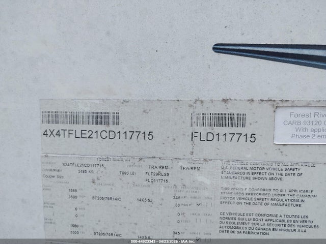 2012 Forest River Flagstaff Super-lite მანქანა იყიდება აუქციონზე, vin: 4X4TFLE21CD117715, აუქციონის ნომერი: 44923343