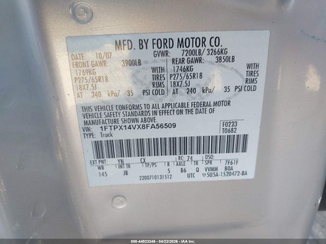 Aukcja sprzedaży 2008 Ford F-150 Fx4/lariat/xl/xlt, vin: 1FTPX14VX8FA56509, numer aukcji: 44923346