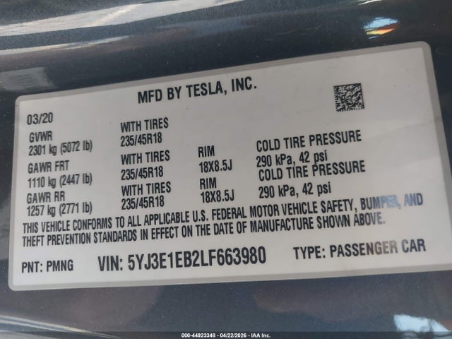 Aukcja sprzedaży 2020 Tesla Model 3 Long Range Dual Motor All-wheel Drive, vin: 5YJ3E1EB2LF663980, numer aukcji: 44923348