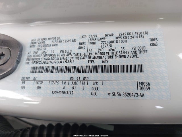 44923351 :رقم المزاد ، 1FMCU0E16RUA15381 vin ، 2024 Ford Escape Phev مزاد بيع