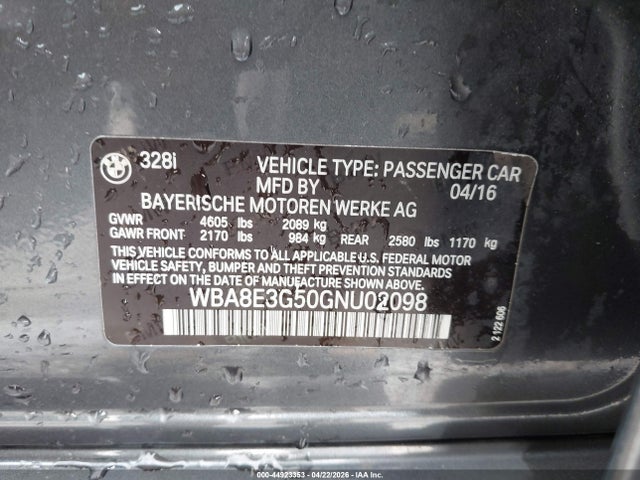 2016 Bmw 328i Xdrive მანქანა იყიდება აუქციონზე, vin: WBA8E3G50GNU02098, აუქციონის ნომერი: 44923353