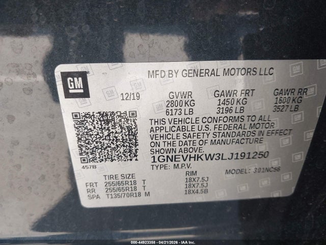 2020 Chevrolet Traverse Awd Lt Leather მანქანა იყიდება აუქციონზე, vin: 1GNEVHKW3LJ191250, აუქციონის ნომერი: 44923358