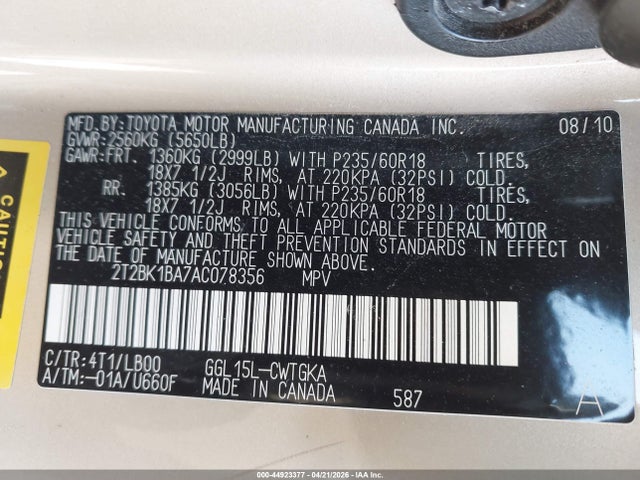 44923377 :رقم المزاد ، 2T2BK1BA7AC078356 vin ، 2010 Lexus Rx 350 مزاد بيع