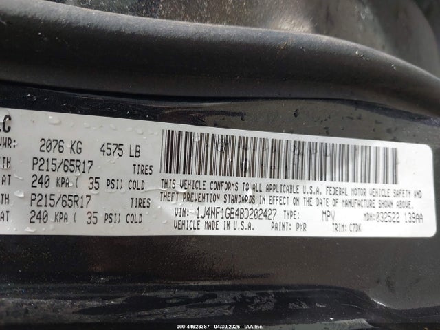 44923387 :رقم المزاد ، 1J4NF1GB4BD202427 vin ، 2011 Jeep Patriot Sport مزاد بيع