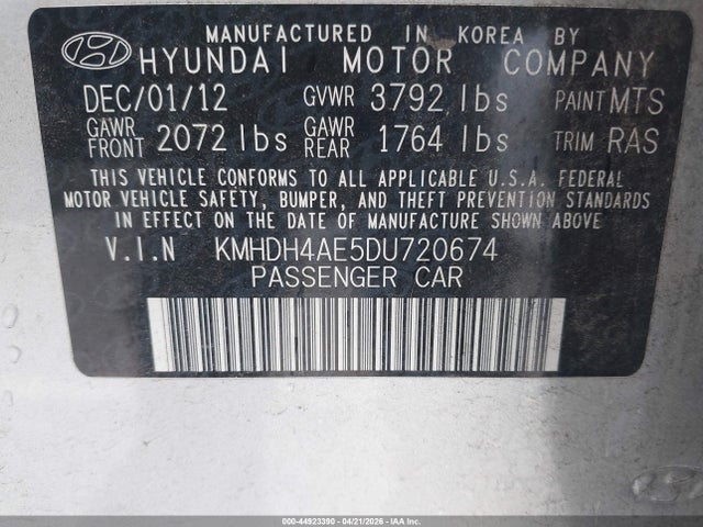 2013 Hyundai Elantra Limited მანქანა იყიდება აუქციონზე, vin: KMHDH4AE5DU720674, აუქციონის ნომერი: 44923390