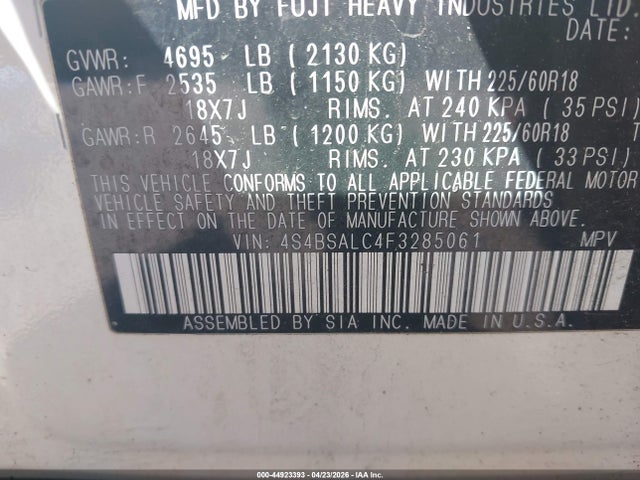 Aukcja sprzedaży 2015 Subaru Outback 2.5i Limited, vin: 4S4BSALC4F3285061, numer aukcji: 44923393