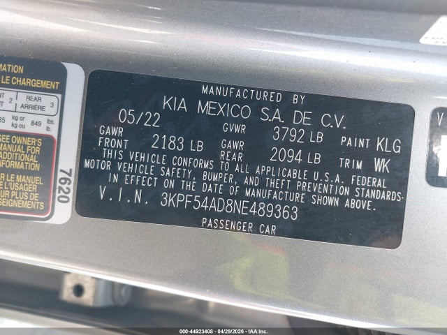 2022 Kia Forte Gt-line მანქანა იყიდება აუქციონზე, vin: 3KPF54AD8NE489363, აუქციონის ნომერი: 44923408