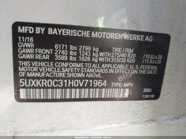 Aukcja sprzedaży 2017 Bmw X5 Xdrive35i, vin: 5UXKR0C31H0V71964, numer aukcji: 44923412