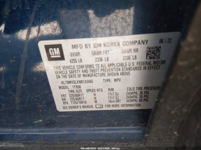 Aukcja sprzedaży 2022 Chevrolet Trailblazer Fwd Activ, vin: KL79MVSLXNB143465, numer aukcji: 44923425