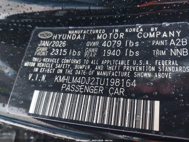 44923437 :رقم المزاد ، KMHLM4DJ2TU198164 vin ، 2026 Hyundai Elantra Hybrid Blue مزاد بيع