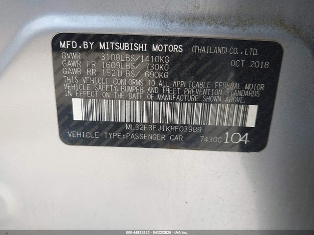 Aukcja sprzedaży 2019 Mitsubishi Mirage G4 Es, vin: ML32F3FJ1KHF03989, numer aukcji: 44923443