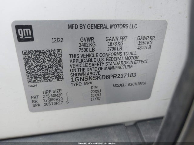 Продаж на аукціоні авто 2023 Chevrolet Tahoe 4wd Premier, vin: 1GNSKSKD6PR237183, номер лоту: 44923504