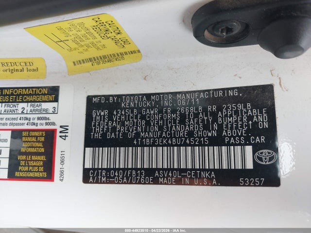 2011 Toyota Camry Le მანქანა იყიდება აუქციონზე, vin: 4T1BF3EK4BU745215, აუქციონის ნომერი: 44923510
