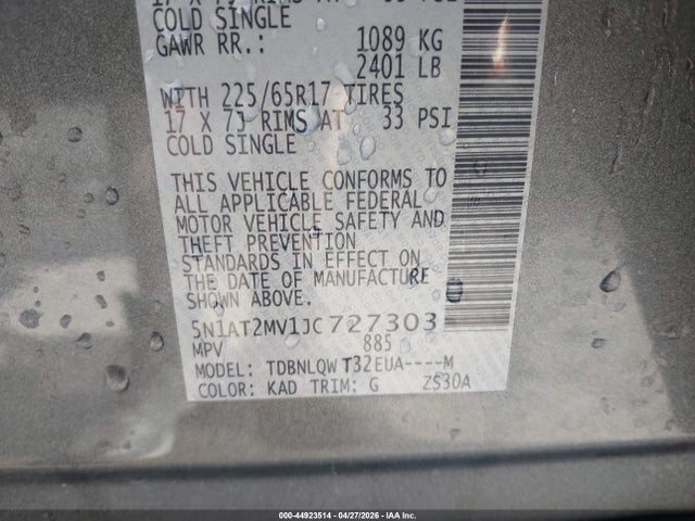 Aukcja sprzedaży 2018 Nissan Rogue Sv, vin: 5N1AT2MV1JC727303, numer aukcji: 44923514