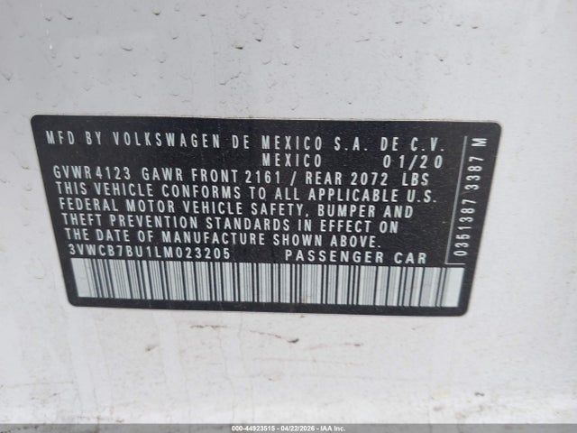 44923515 :رقم المزاد ، 3VWCB7BU1LM023205 vin ، 2020 Volkswagen Jetta 1.4t R-line/1.4t S/1.4t Se مزاد بيع