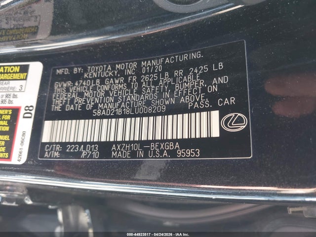 Продаж на аукціоні авто 2020 Lexus Es 300h, vin: 58AD21B18LU008209, номер лоту: 44923517