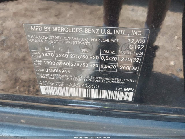 Auction sale of the 2010 Mercedes-benz Gl 450 4matic, vin: 4JGBF7BE5AA579650, lot number: 44923529