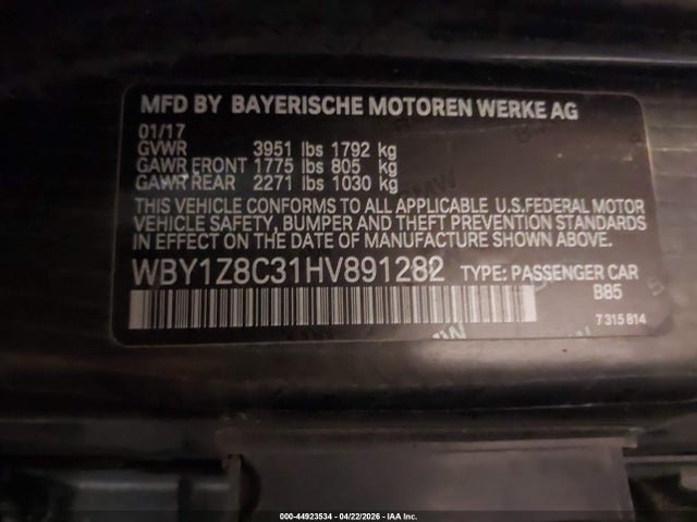 44923534 :رقم المزاد ، WBY1Z8C31HV891282 vin ، 2017 Bmw I3 94 Ah W/range Extender مزاد بيع