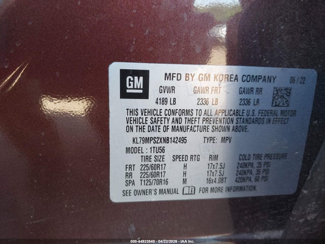Продажа на аукционе авто 2022 Chevrolet Trailblazer Fwd Lt, vin: KL79MPS2XNB142495, номер лота: 44923548