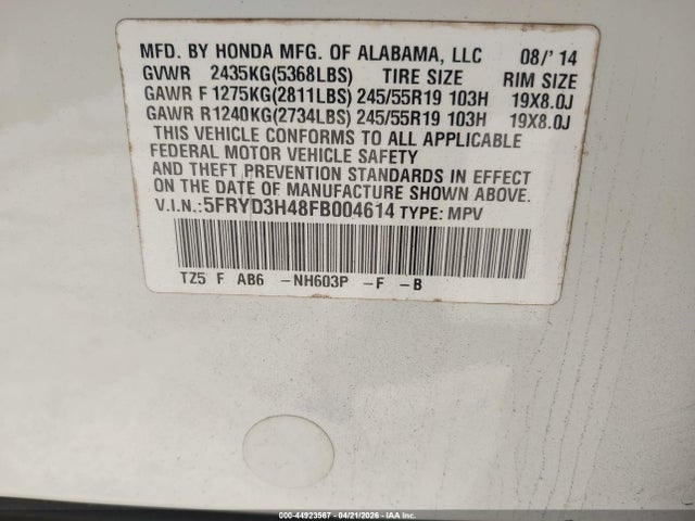 44923567 :رقم المزاد ، 5FRYD3H48FB004614 vin ، 2015 Acura Mdx Technology Package مزاد بيع