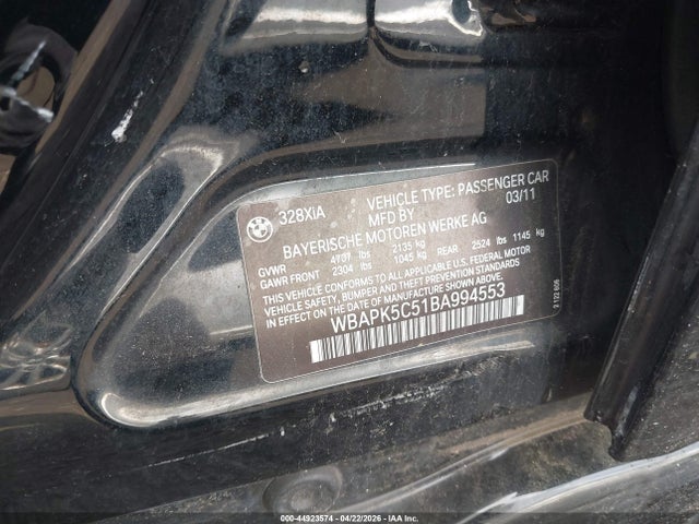 44923574 :رقم المزاد ، WBAPK5C51BA994553 vin ، 2011 Bmw 328i Xdrive مزاد بيع