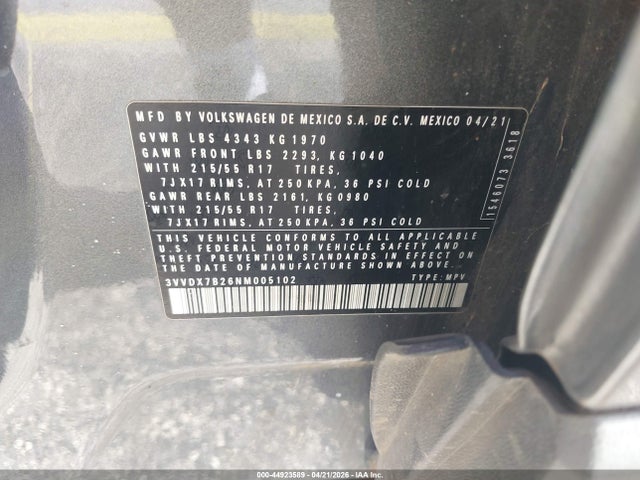 Продаж на аукціоні авто 2022 Volkswagen Taos 1.5t S, vin: 3VVDX7B26NM005102, номер лоту: 44923589