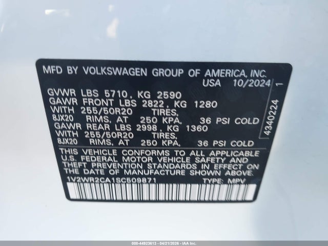 2025 Volkswagen Atlas 2.0t Se W/technology მანქანა იყიდება აუქციონზე, vin: 1V2WR2CA1SC509871, აუქციონის ნომერი: 44923613