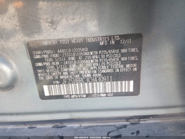 Продажа на аукционе авто 2012 Subaru Forester 2.5x, vin: JF2SHBBC3CH430911, номер лота: 44923618