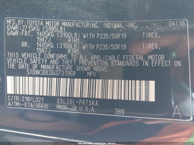 Aukcja sprzedaży 2016 Toyota Sienna Se 8 Passenger, vin: 5TDXK3DC0GS731968, numer aukcji: 44923635