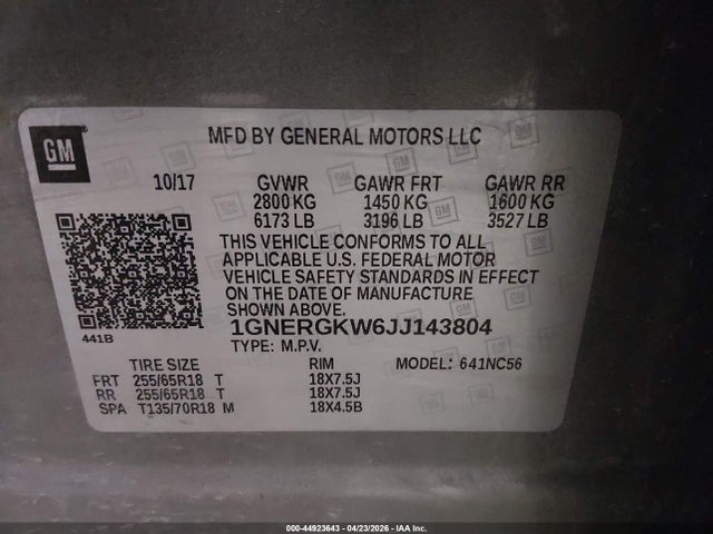 Aukcja sprzedaży 2018 Chevrolet Traverse 1lt, vin: 1GNERGKW6JJ143804, numer aukcji: 44923643