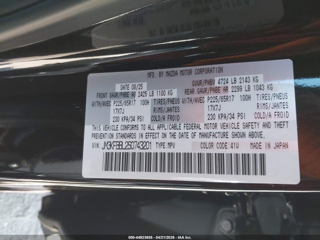 44923658 :رقم المزاد ، JM3KFBBL2S0743201 vin ، 2025 Mazda Cx-5 2.5 S Select مزاد بيع