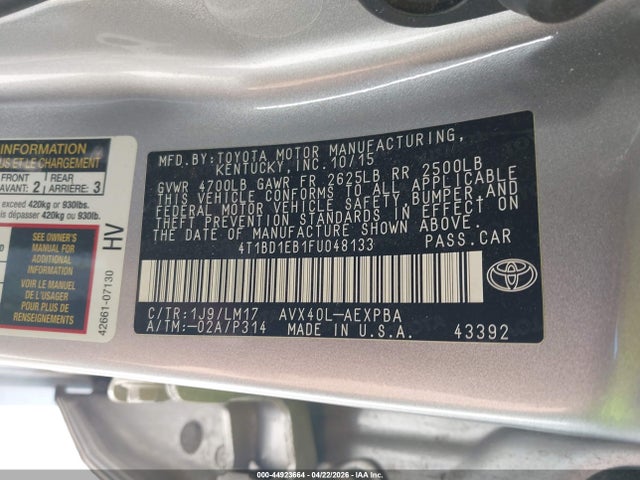 Продажа на аукционе авто 2015 Toyota Avalon Hybrid Limited, vin: 4T1BD1EB1FU048133, номер лота: 44923664