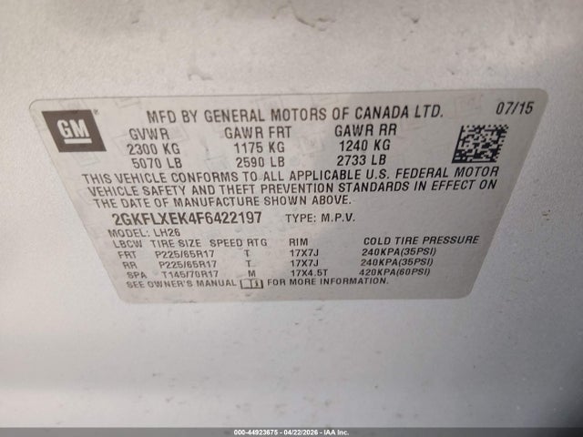 Aukcja sprzedaży 2015 Gmc Terrain Slt-1, vin: 2GKFLXEK4F6422197, numer aukcji: 44923675
