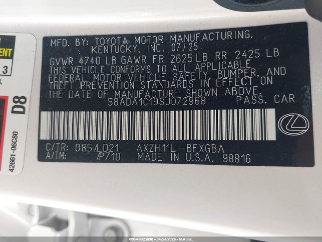 Auction sale of the 2025 Lexus Es 300h, vin: 58ADA1C19SU072968, lot number: 44923698