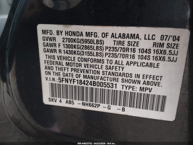 Aukcja sprzedaży 2004 Honda Pilot Ex, vin: 5FNYF18424B005531, numer aukcji: 44923702